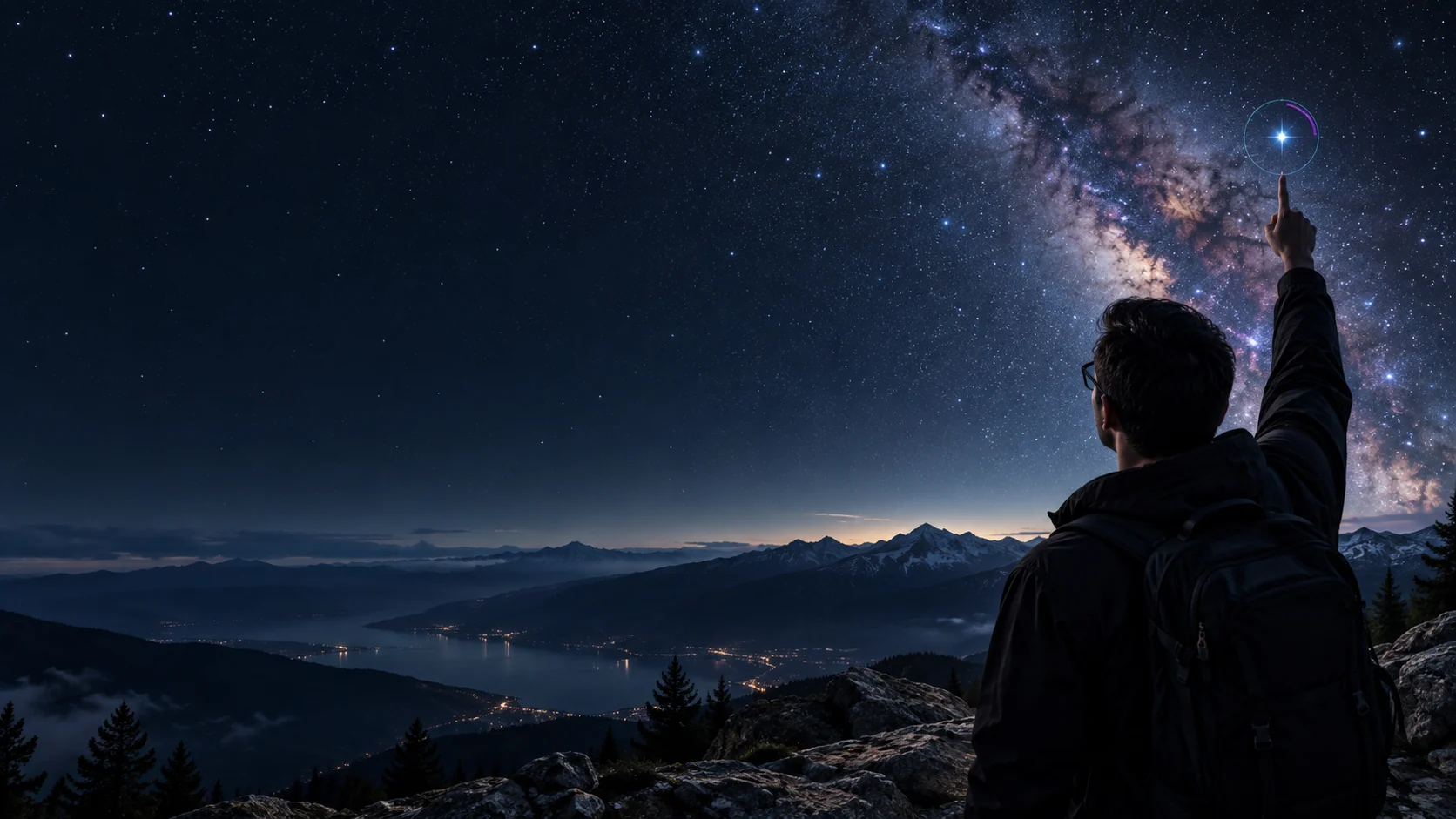 A hiker on a mountain ridge at night raises an arm to point at a single star, ringed by a subtle selection marker, above a valley and the Milky Way