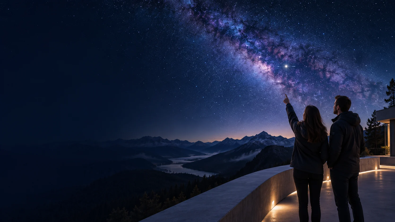 Two people on a softly lit observatory terrace, one pointing up at a highlighted star in the Milky Way