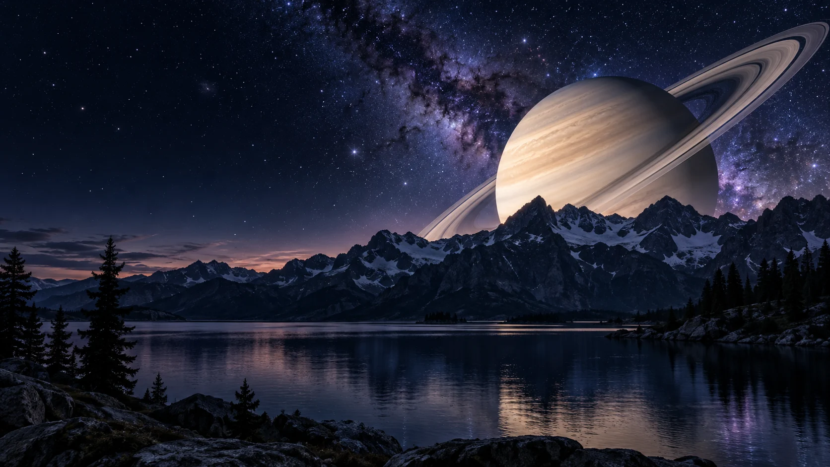 Saturn, dramatically enlarged, rising behind a snow-capped mountain ridge over a still alpine lake at night