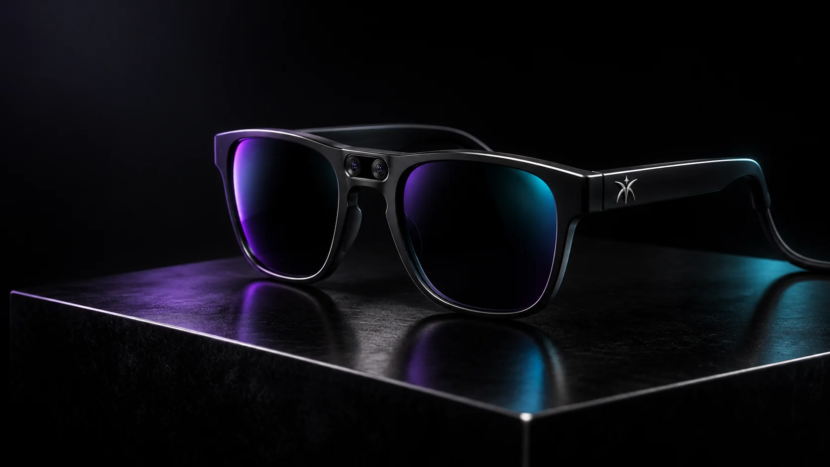 Umbra eyewear concept in Midnight Black, three-quarter view on a dark plinth, with twin bridge cameras and a rear tether